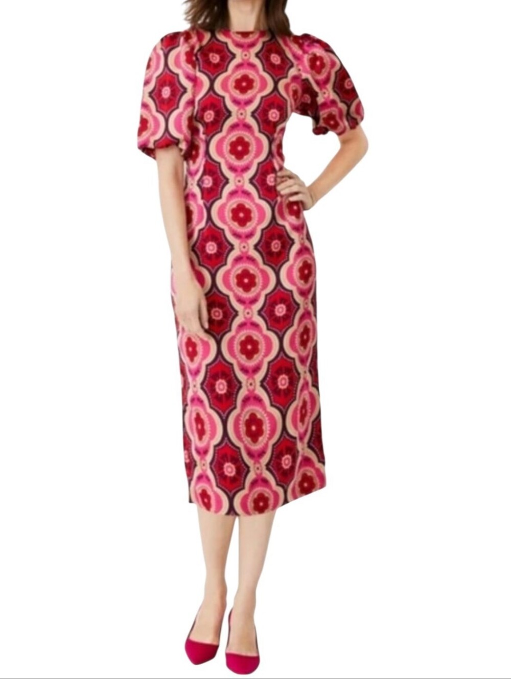 Ann Taylor Mod Print Puff Sleeve Midi Dress Size 10